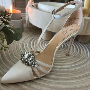 Elegant Cream T-Strap Heels with Rhinestone Embellishment